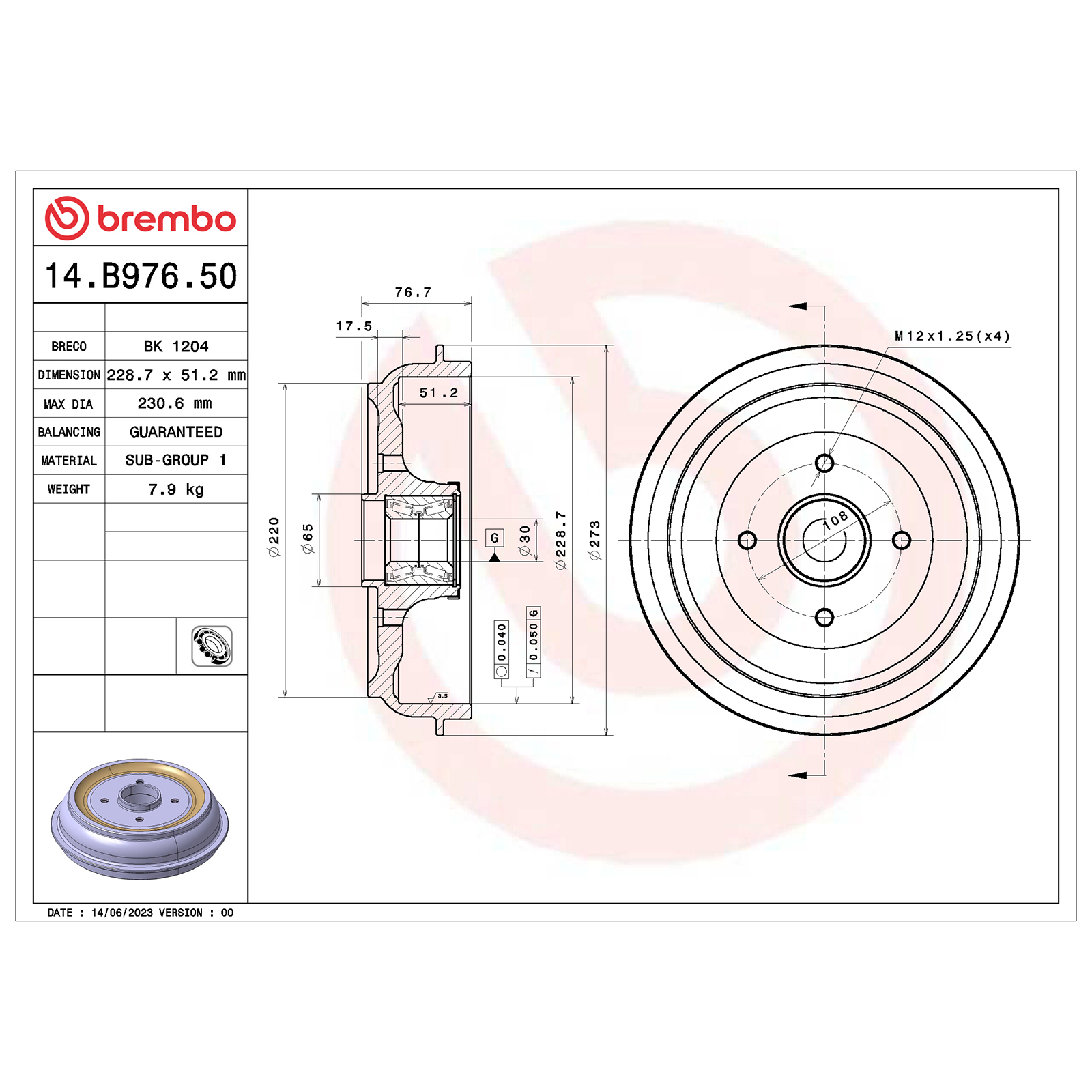 Bremstrommel hinten Brembo Citroen C3 II+III, C-Elysee, DS3 Peugeot 207, 208 I, 301 mit Radlagersatz