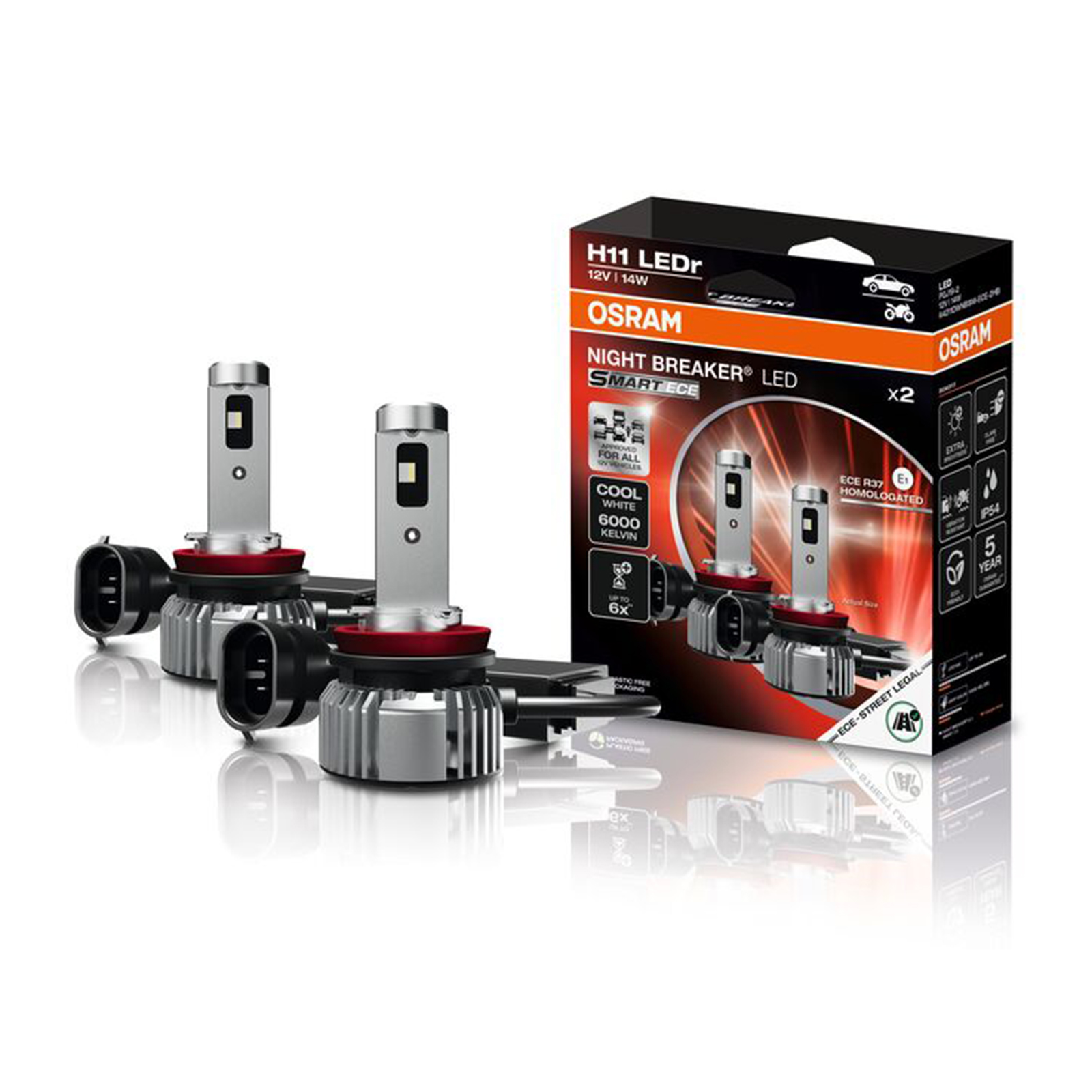 Night Breaker LED SMART ECE H11 12V14W 2er Set OSRAMs erste ECE-zugelassene LED Nachrüstlampe. Vollständig homologiert nach ECE R37 und zugelassen fü