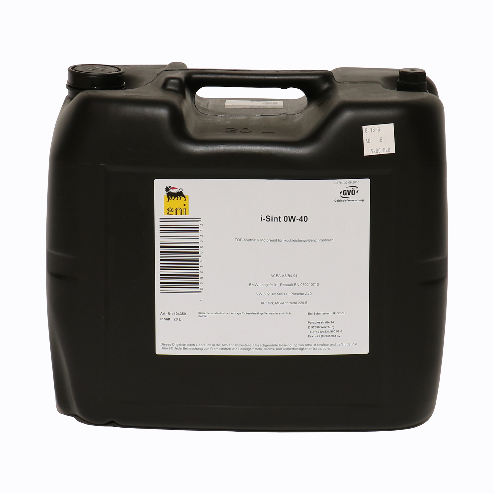 Eni i-Sint SAE 0W-40 20 Liter Motoröl speziell entwickelt für die Anwednung in Hochleistungs-Benzinmotoren, basierend auf der TOP-Synthetik-Technolog